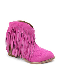Load image into Gallery viewer, Amos Fringe Ankle Bootie in Magenta Suede