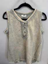 Load image into Gallery viewer, Gray sleeveless button-up shirt on a hanger against a white background
